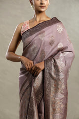 Mauve Tussar Khaddi Silk Saree with Handbrush Antique Zari Work