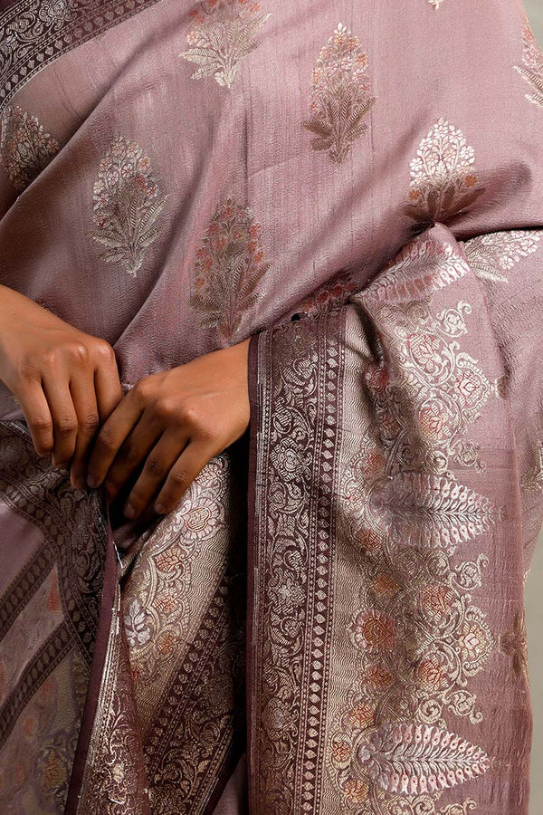 Mauve Tussar Khaddi Silk Saree with Handbrush Antique Zari Work