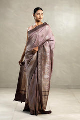 Mauve Tussar Khaddi Silk Saree with Handbrush Antique Zari Work