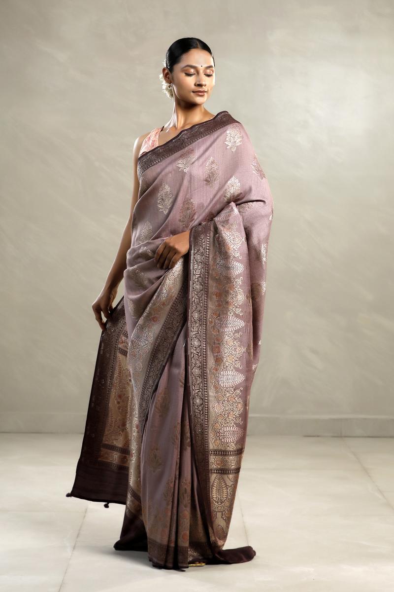Mauve Tussar Khaddi Silk Saree with Handbrush Antique Zari Work