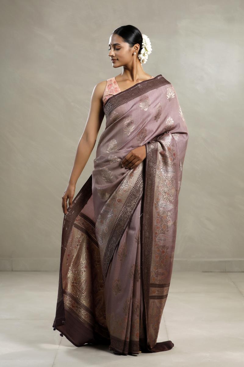 Mauve Tussar Khaddi Silk Saree with Handbrush Antique Zari Work