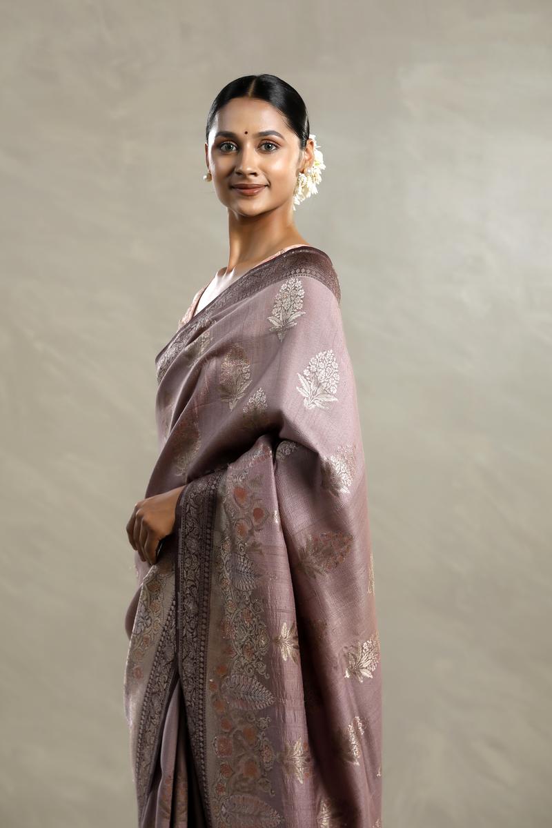 Mauve Tussar Khaddi Silk Saree with Handbrush Antique Zari Work