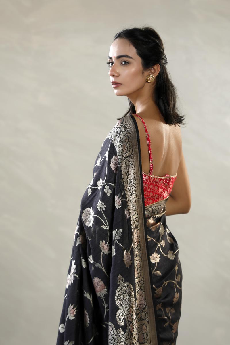 Black Handloom Tussar Khaddi Silk Saree with Handbrush Antique Zari Work