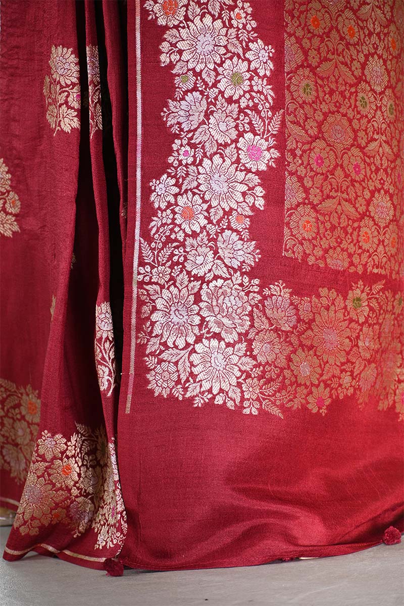 Maroon Tussar Khaddi Silk Saree with Meenakari Floral Work