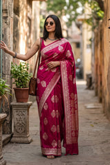 Dark Pink Tussar Khaddi Silk Saree with Meenakari Floral Work