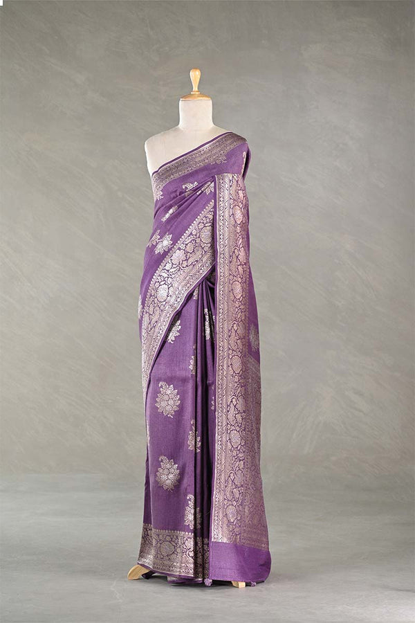 Mauve Tussar Khaddi Silk Saree with Meenakari Floral Work