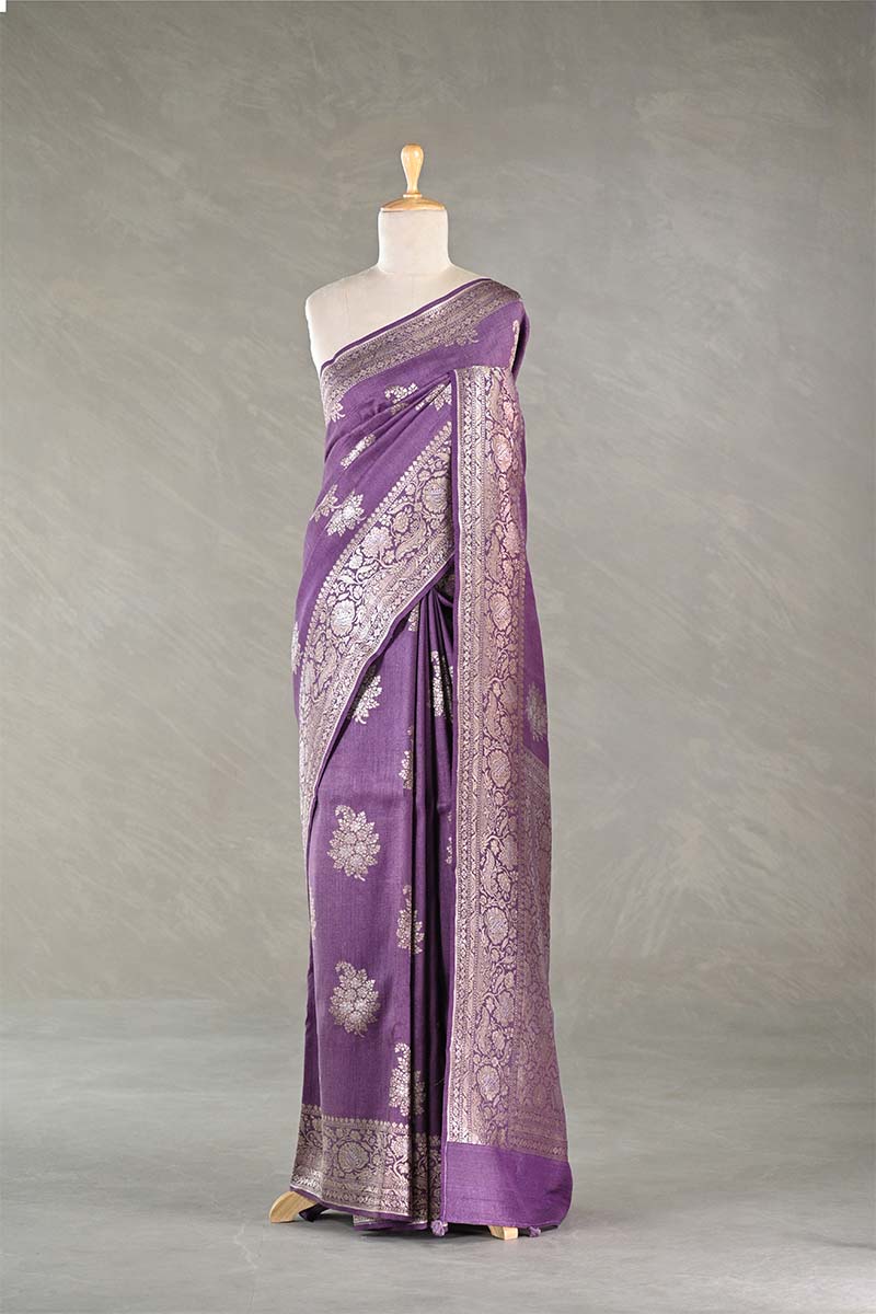 Mauve Tussar Khaddi Silk Saree with Meenakari Floral Work