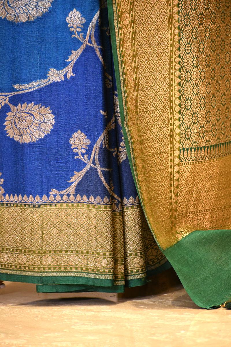 Blue Banarasi Tussar Khaddi Silk Saree with Rangkat Floral Work