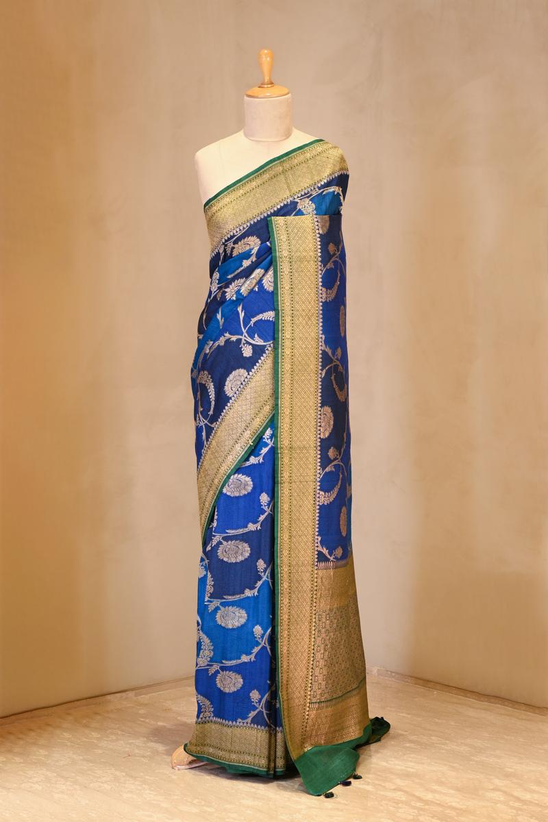 Blue Banarasi Tussar Khaddi Silk Saree with Rangkat Floral Work