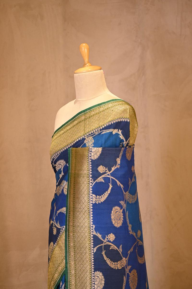 Blue Banarasi Tussar Khaddi Silk Saree with Rangkat Floral Work