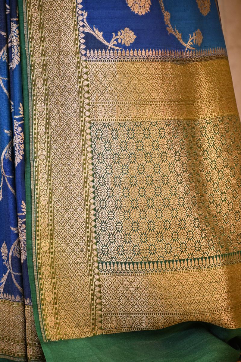 Blue Banarasi Tussar Khaddi Silk Saree with Rangkat Floral Work
