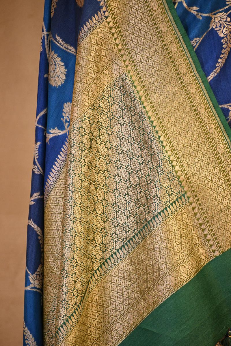 Blue Banarasi Tussar Khaddi Silk Saree with Rangkat Floral Work