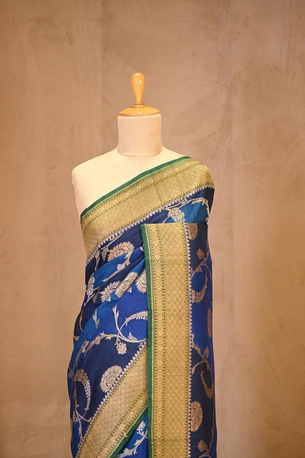 Blue Banarasi Tussar Khaddi Silk Saree with Rangkat Floral Work