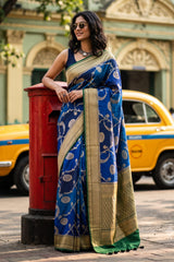 Blue Banarasi Tussar Khaddi Silk Saree with Rangkat Floral Work