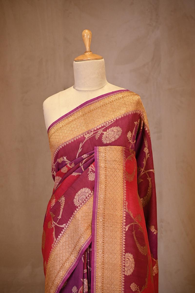 Magenta Banarasi Tussar Khaddi Silk Saree with Rangkat Floral Work