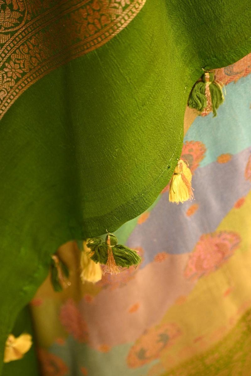 Green Rangkat Banarasi Tussar Khaddi Silk Saree With Hand-Brush Work