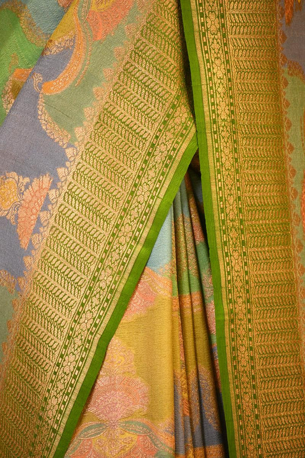Green Rangkat Banarasi Tussar Khaddi Silk Saree With Hand-Brush Work