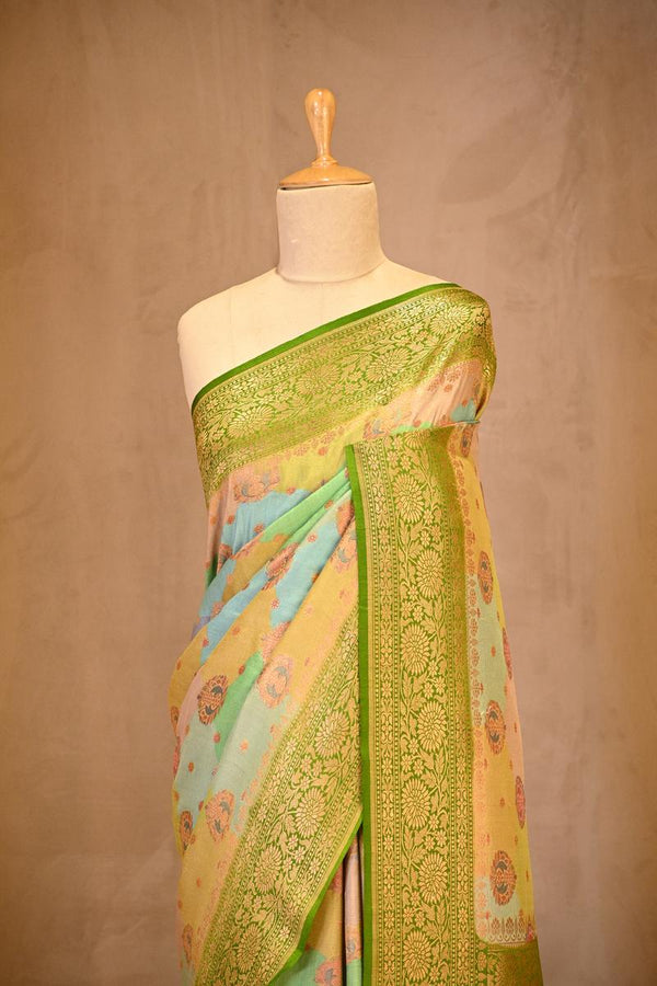 Green Rangkat Banarasi Tussar Khaddi Silk Saree With Hand-Brush Work