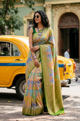 Green Rangkat Banarasi Tussar Khaddi Silk Saree With Hand-Brush Work