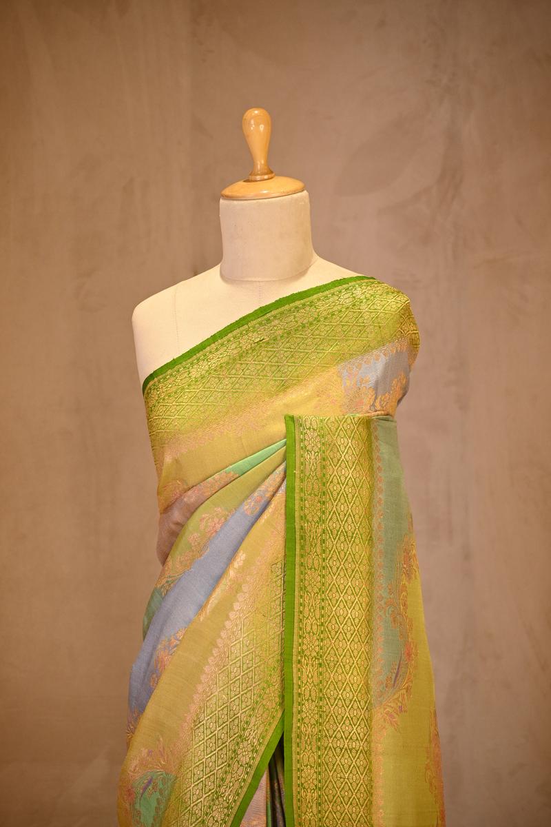Green Banarasi Tussar Khaddi Silk Saree With Rangkat Hand-Brush Work