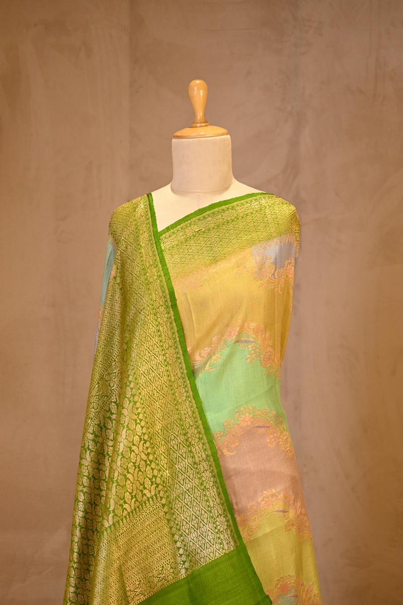 Green Banarasi Tussar Khaddi Silk Saree With Rangkat Hand-Brush Work