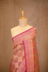 Magenta Pink Banarasi Tussar Khaddi Silk Saree with Geometric Crisscross Pattern