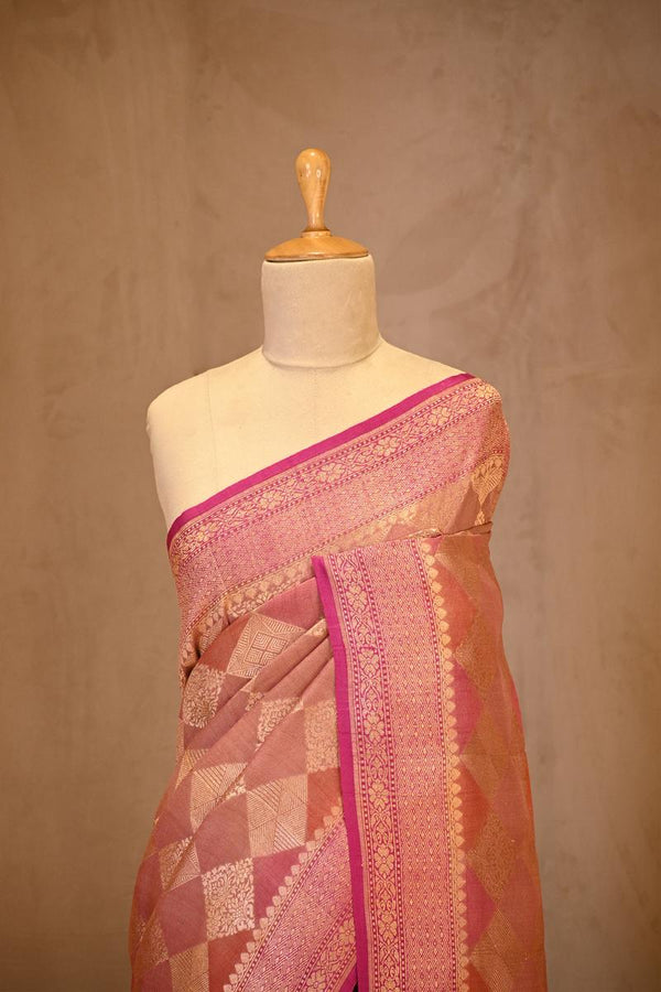Magenta Pink Banarasi Tussar Khaddi Silk Saree with Geometric Crisscross Pattern
