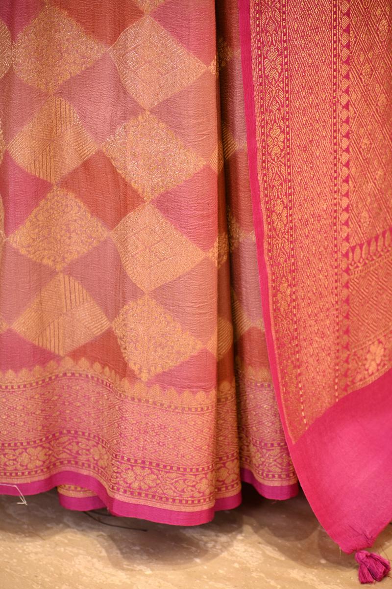 Magenta Pink Banarasi Tussar Khaddi Silk Saree with Geometric Crisscross Pattern