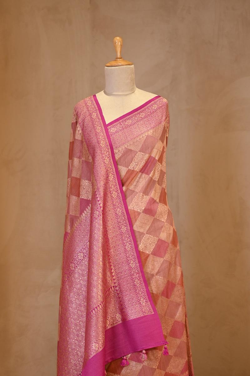Magenta Pink Banarasi Tussar Khaddi Silk Saree with Geometric Crisscross Pattern