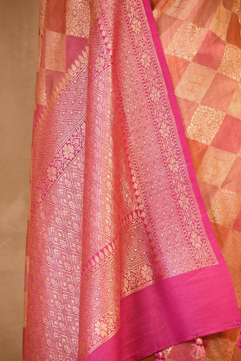 Magenta Pink Banarasi Tussar Khaddi Silk Saree with Geometric Crisscross Pattern