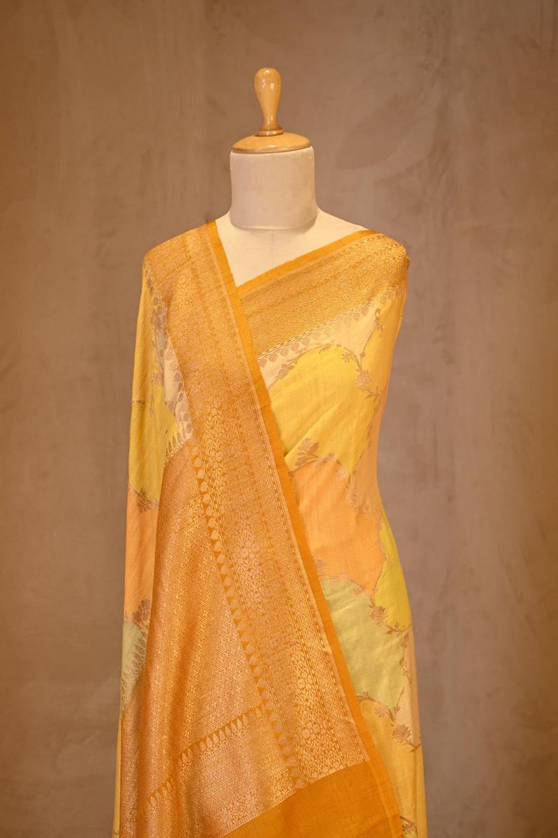 Yellow Tussar Khaddi Banarasi Silk Saree with Leheriya Rangkat Pattern