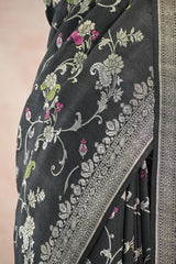 Black Tussar Khaddi Silk Saree with Floral & Paisley Jaal