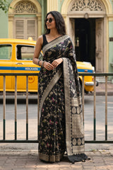 Black Tussar Khaddi Silk Saree with Floral & Paisley Jaal