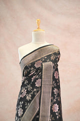 Black Tussar Khaddi Silk Saree with Water-Gold Zari Work