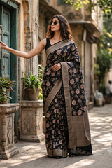 Black Tussar Khaddi Silk Saree with Water-Gold Zari Work