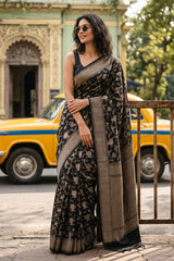 Black Tussar Khaddi Silk Saree with Handbrushing Work