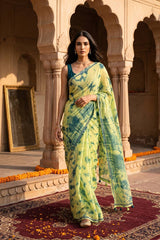Light Green Kota Doria Saree with Shibori Prints & Mirror Work