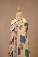 Cream Tussar Khaddi Silk Saree with Geometric Check & Floral