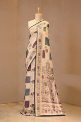 Cream Tussar Khaddi Silk Saree with Geometric Check & Floral