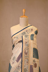 Cream Tussar Khaddi Silk Saree with Geometric Check & Floral
