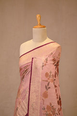 Light Pink Tussar Khaddi Silk Saree with Gold Zari Floral Motifs