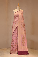 Light Pink Tussar Khaddi Silk Saree with Gold Zari Floral Motifs