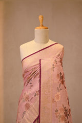 Light Pink Tussar Khaddi Silk Saree with Gold Zari Floral Motifs