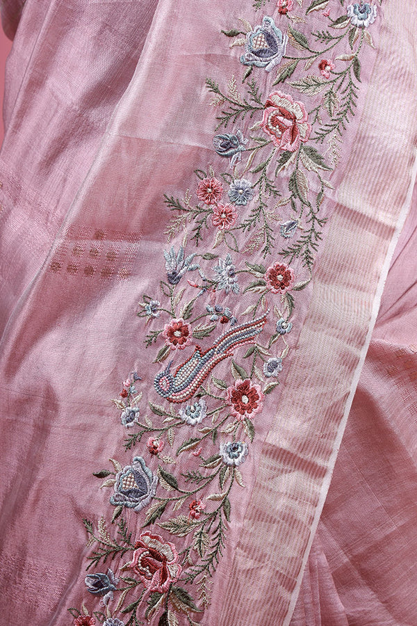 Mauve Floral Embroidered Tussar Silk Saree