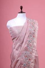 Mauve Floral Embroidered Tussar Silk Saree