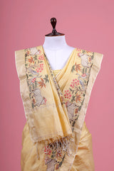 Yellow Floral & Pichwai Embroidered Tussar Silk Saree
