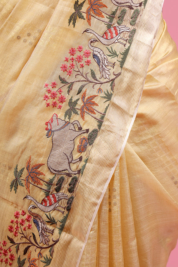 Yellow Floral & Pichwai Embroidered Tussar Silk Saree