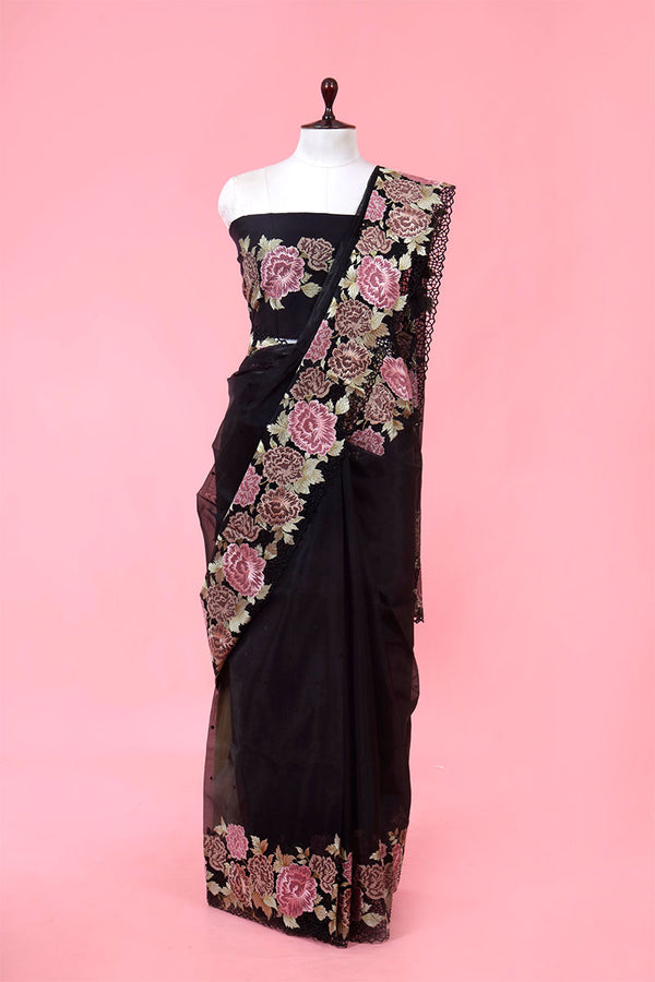 Buy Black Floral  Embroidered Organza Saree Online