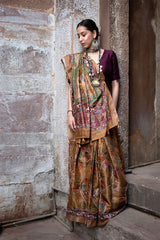 Mustard Embellished Kalamkari Tussar Silk Saree
