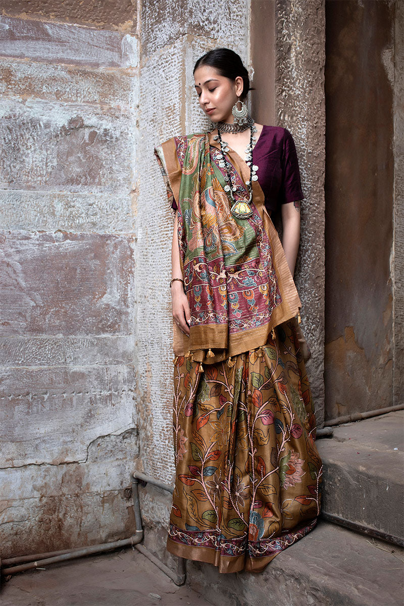 Mustard Embellished Kalamkari Tussar Silk Saree
